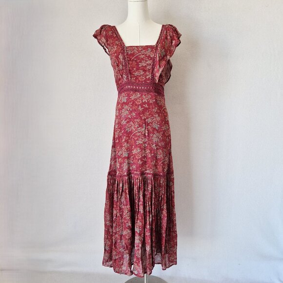 Sundance Harvest Floral Tiered Maxi Dress Ruffle Cap Sleeve Chiffon Red - Picture 3 of 16